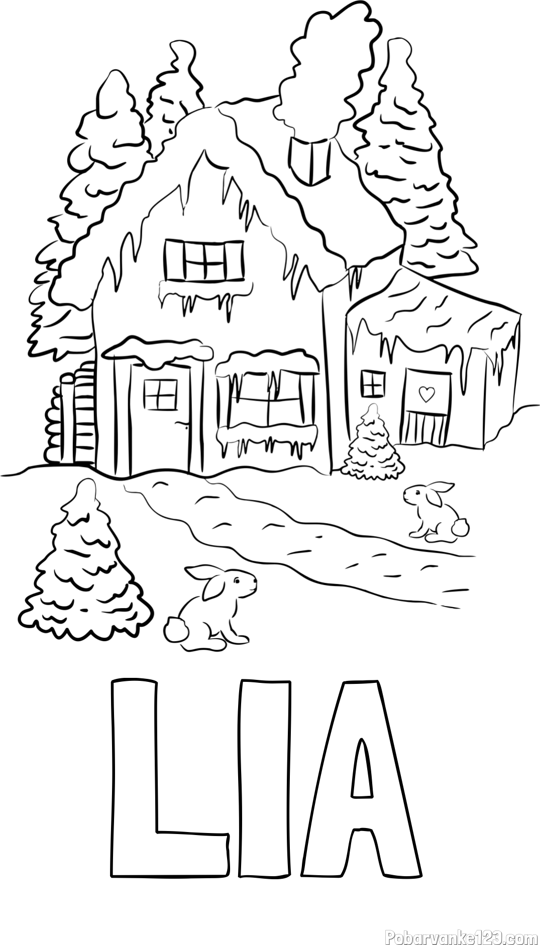 Pobarvanka imena LIA in pobarvanka zasnežene hiše