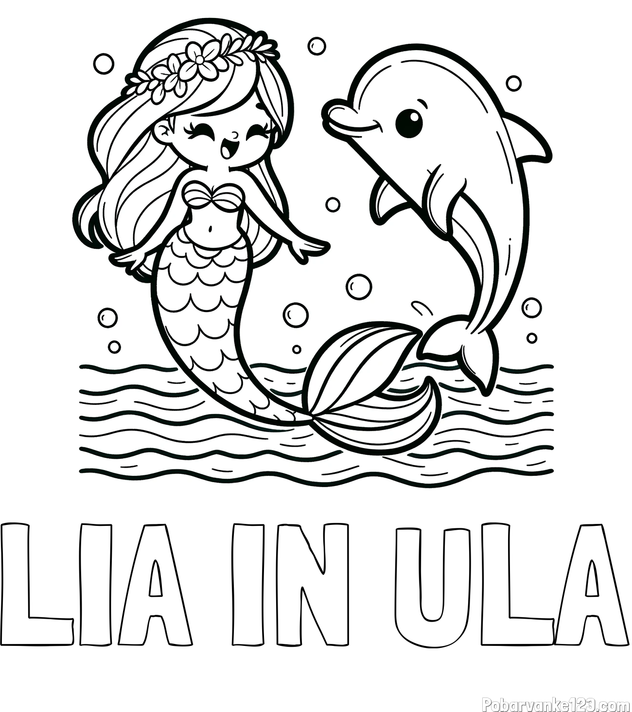 Pobarvanka imena LIA IN ULA in pobarvanka ljubke morske deklice, ki pleše z delfinom