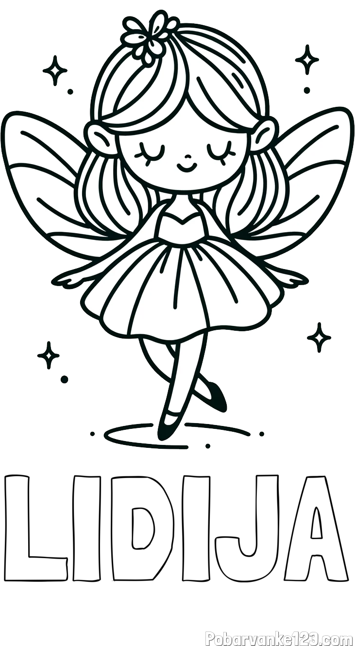 Pobarvanka imena LIDIJA in enostavna pobarvanka čarobne vile