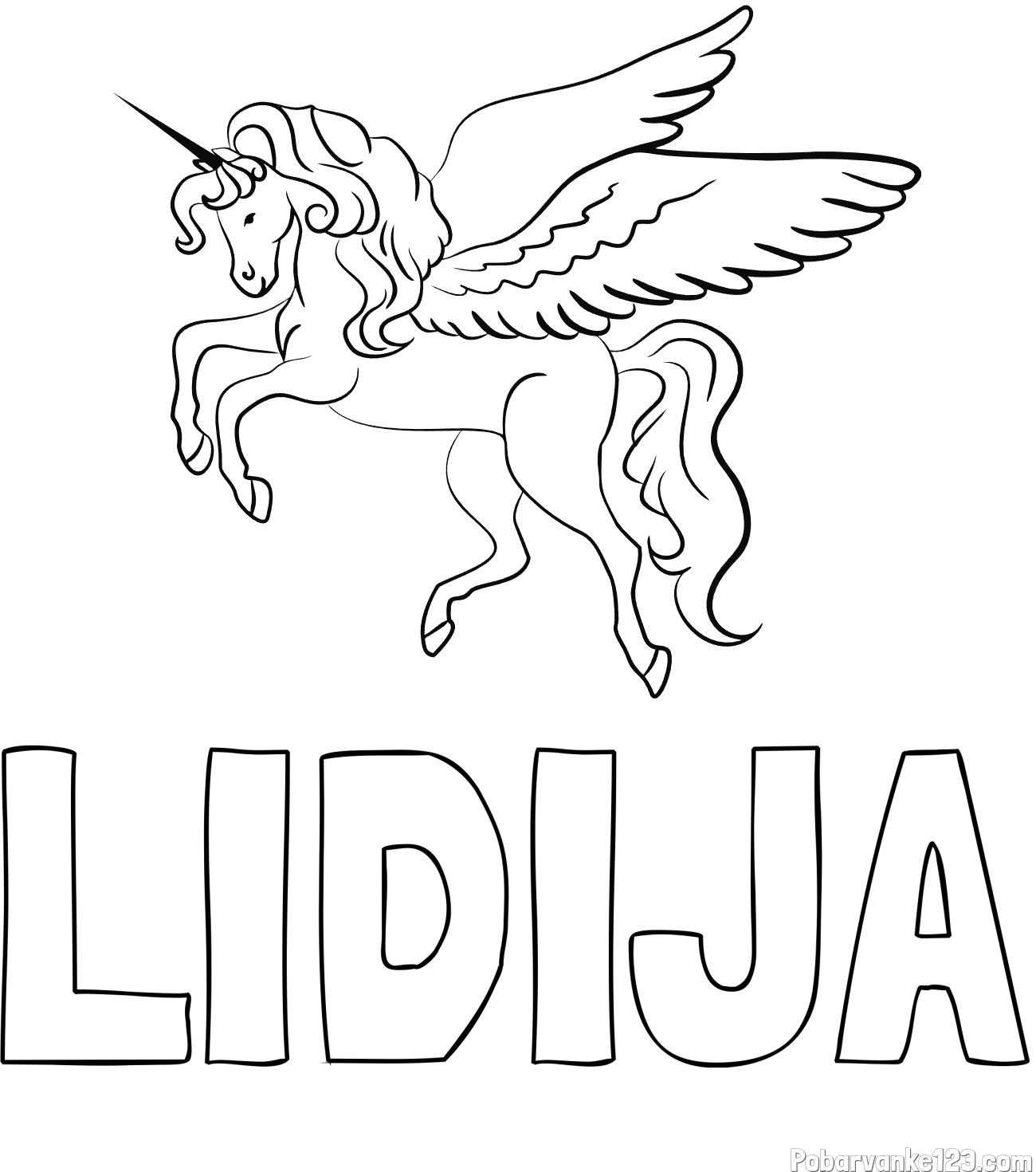 Pobarvanka imena LIDIJA in lepa pobarvanka samoroga