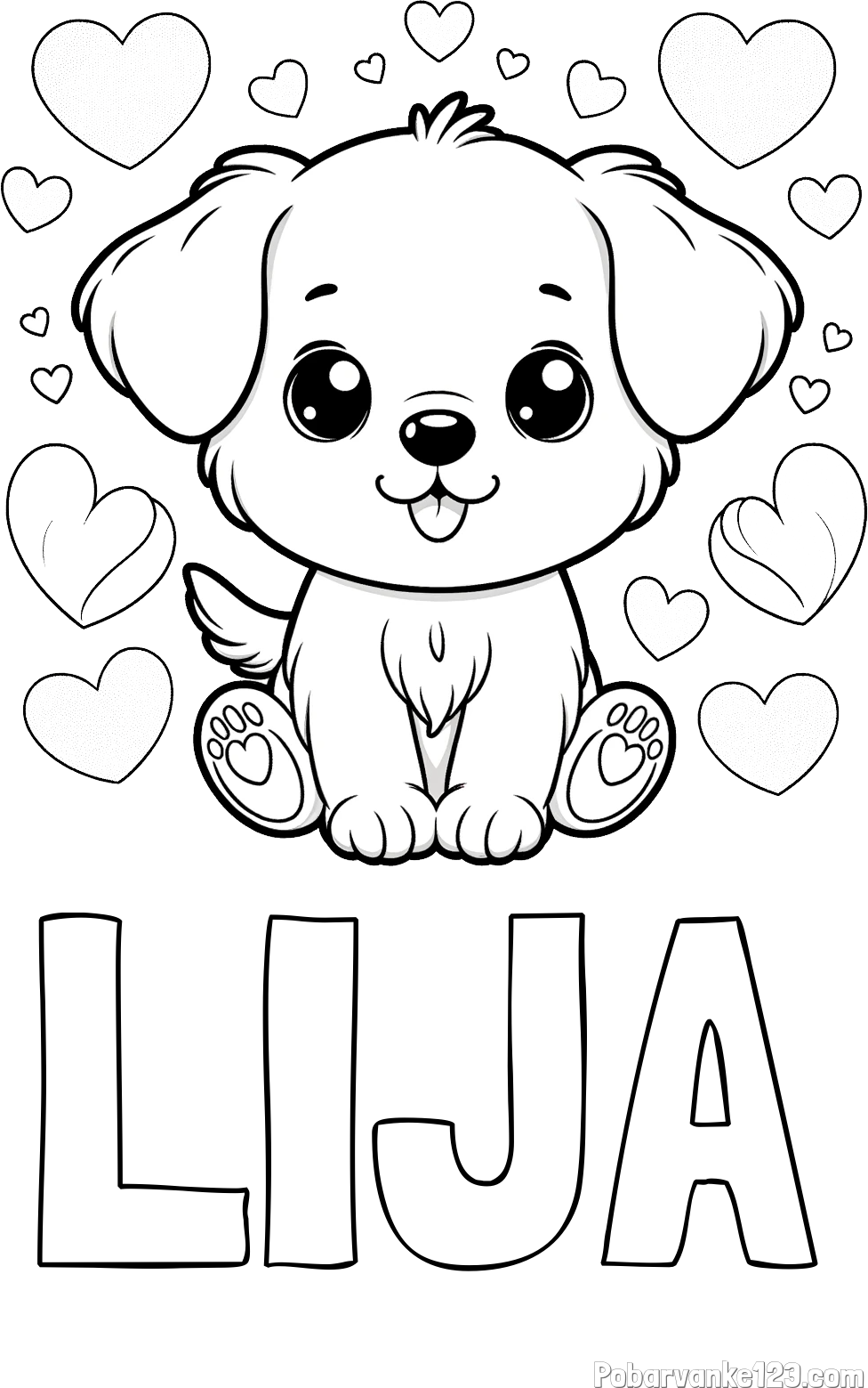 Pobarvanka imena LIJA in pobarvanka ljubkega kužka obdanega s srčki