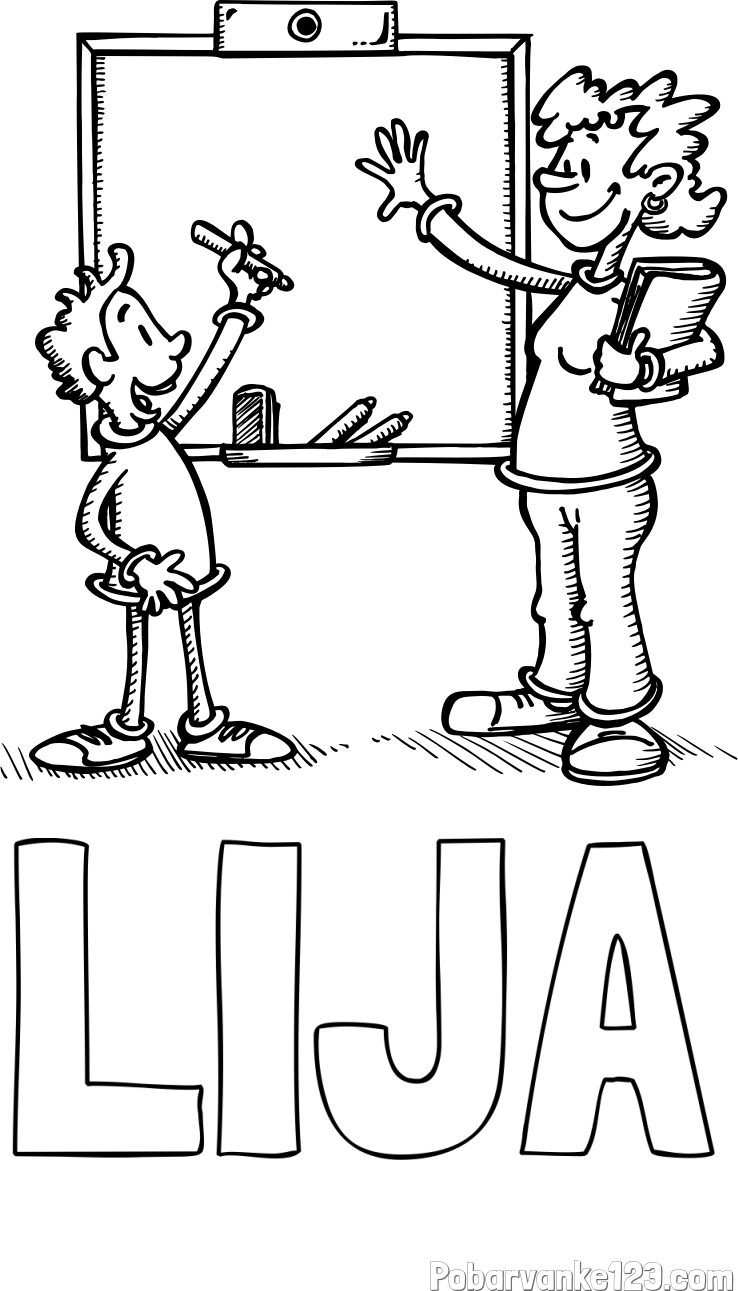 Pobarvanka imena LIJA in pobarvanka učiteljice in učenca pred tablo