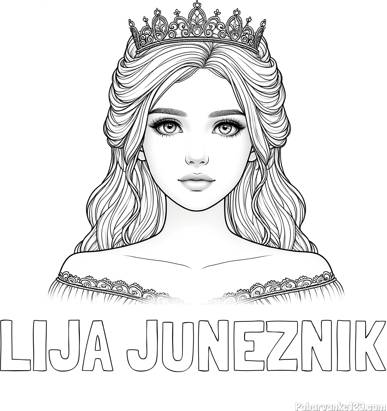 Pobarvanka imena LIJA JUNEŽNIK in pobarvanka prikupne princeske s čudovitimi očmi