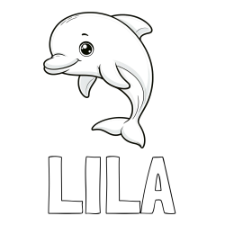 Online izdelana pobarvanka - Pobarvanka imena LILA in otroška pobarvanka ljubkega delfina