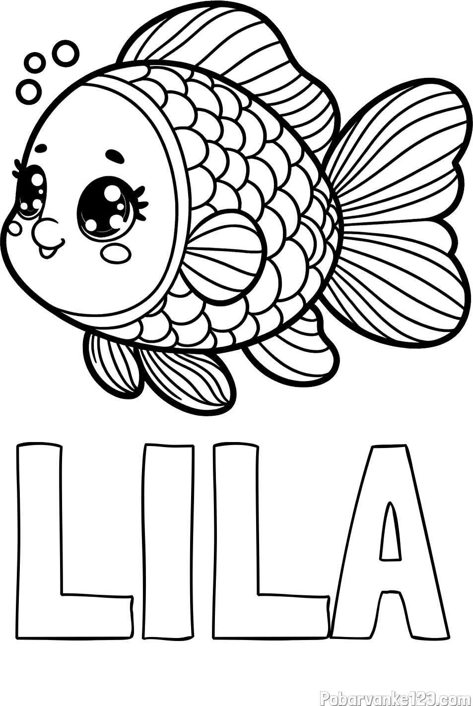 Pobarvanka imena LILA in pobarvanka ribe z bujnimi plavutmi