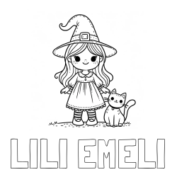 Online izdelana pobarvanka - Pobarvanka imena LILI EMELI in Čudovita pobarvanka ljubke čarovnice in nasmejane mačke