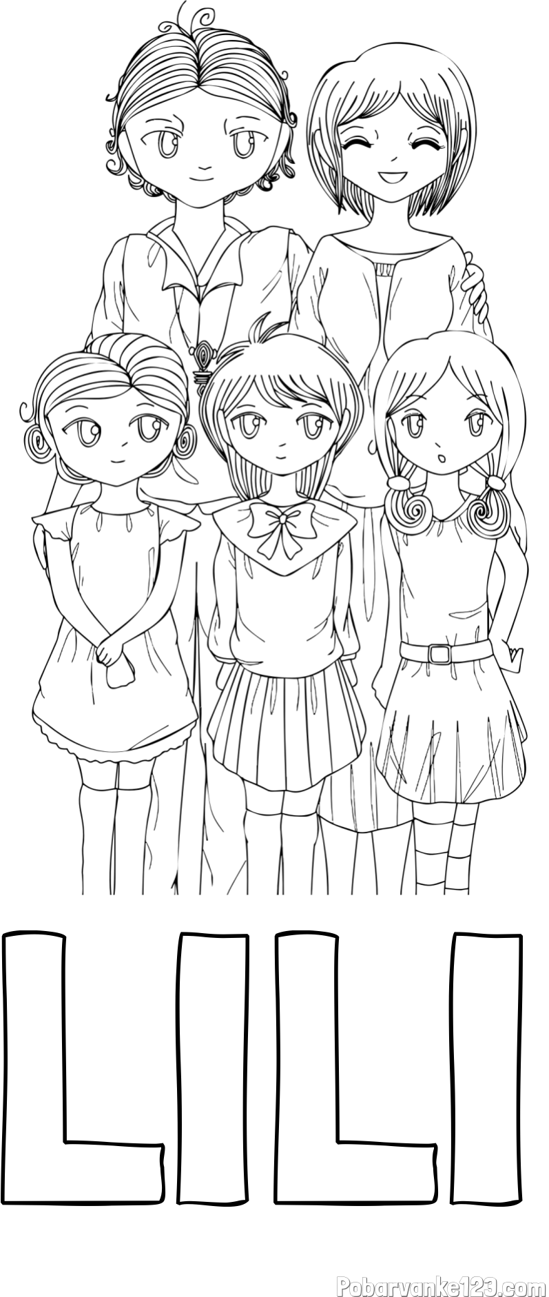 Pobarvanka imena LILI in anime risani junaki