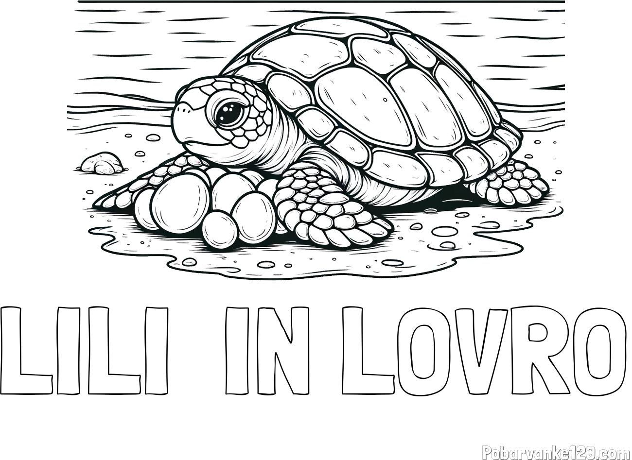 Pobarvanka imena LILI  IN LOVRO in pobarvanka želve, ki leže jajca na obali