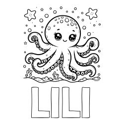 Pobarvanka imena LILI in pobarvanka hobotnice v morju obdane z morskimi zvezdami