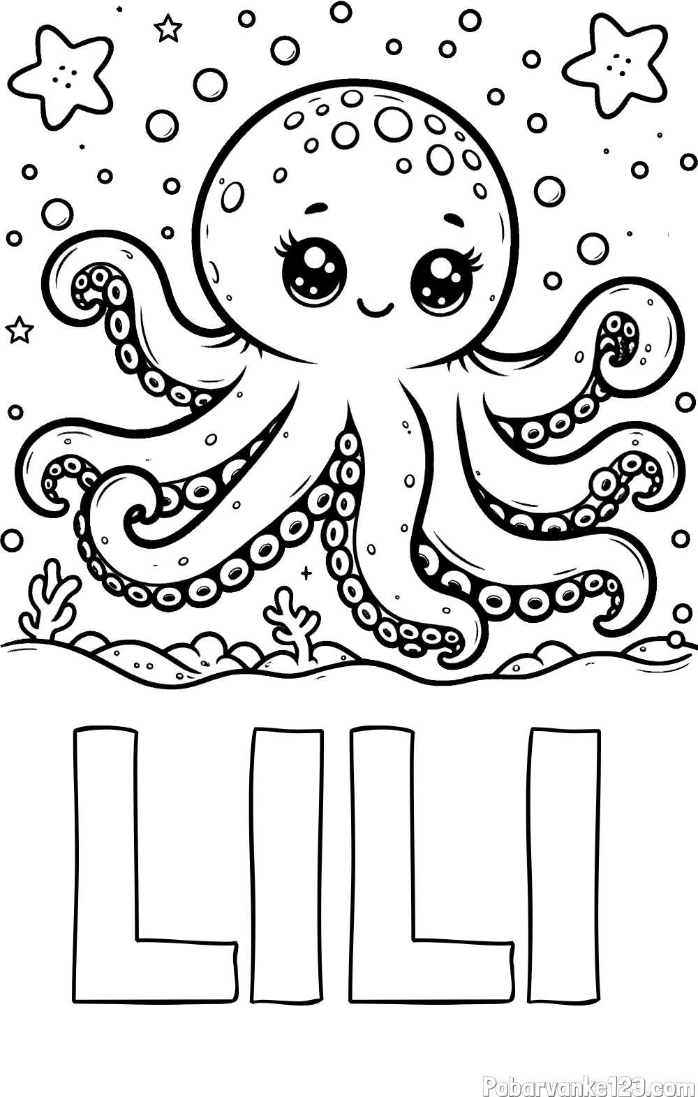 Pobarvanka imena LILI in pobarvanka hobotnice v morju obdane z morskimi zvezdami