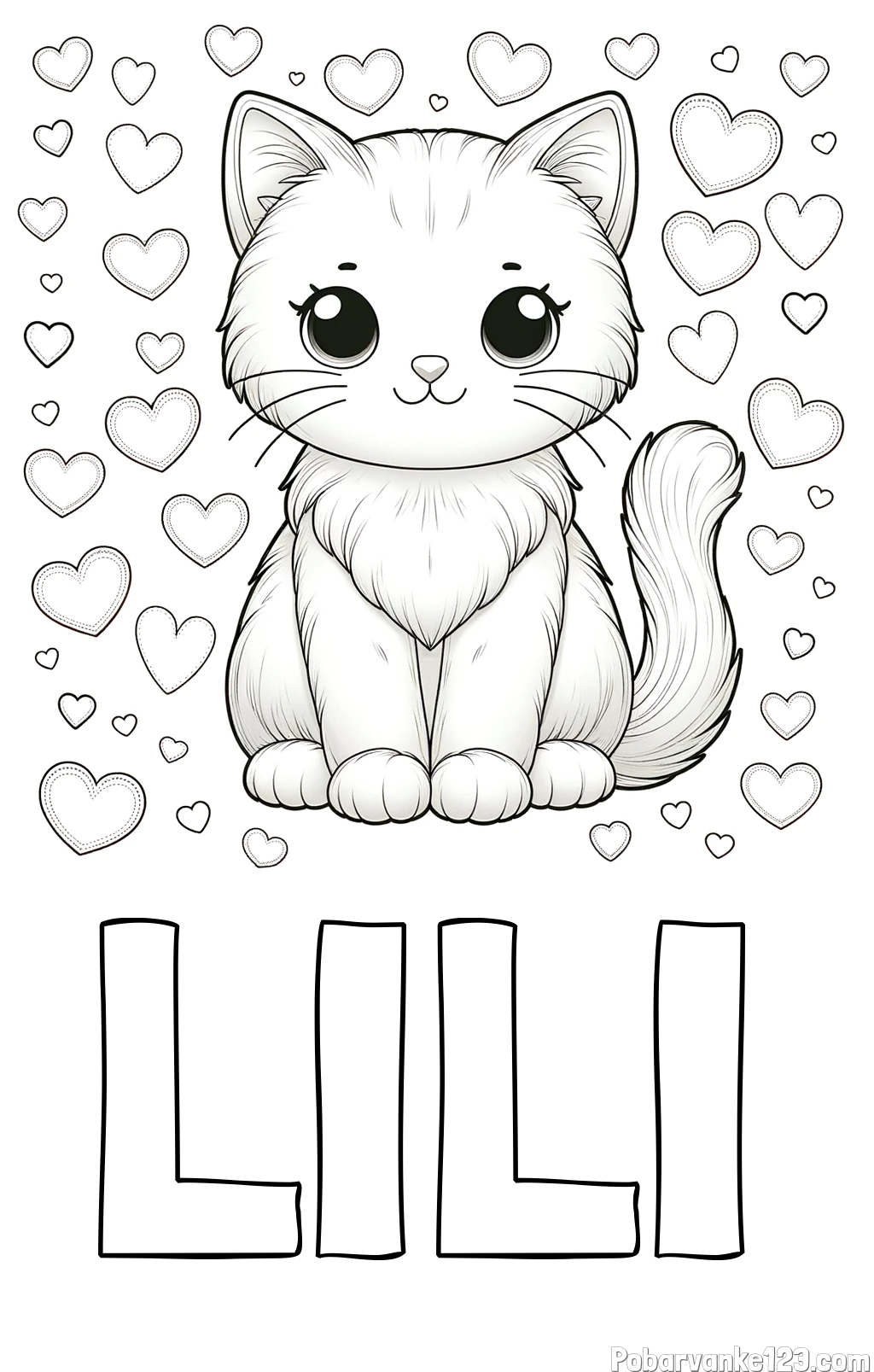 Pobarvanka imena LILI in pobarvanka ljubke mucke obdane s srčki