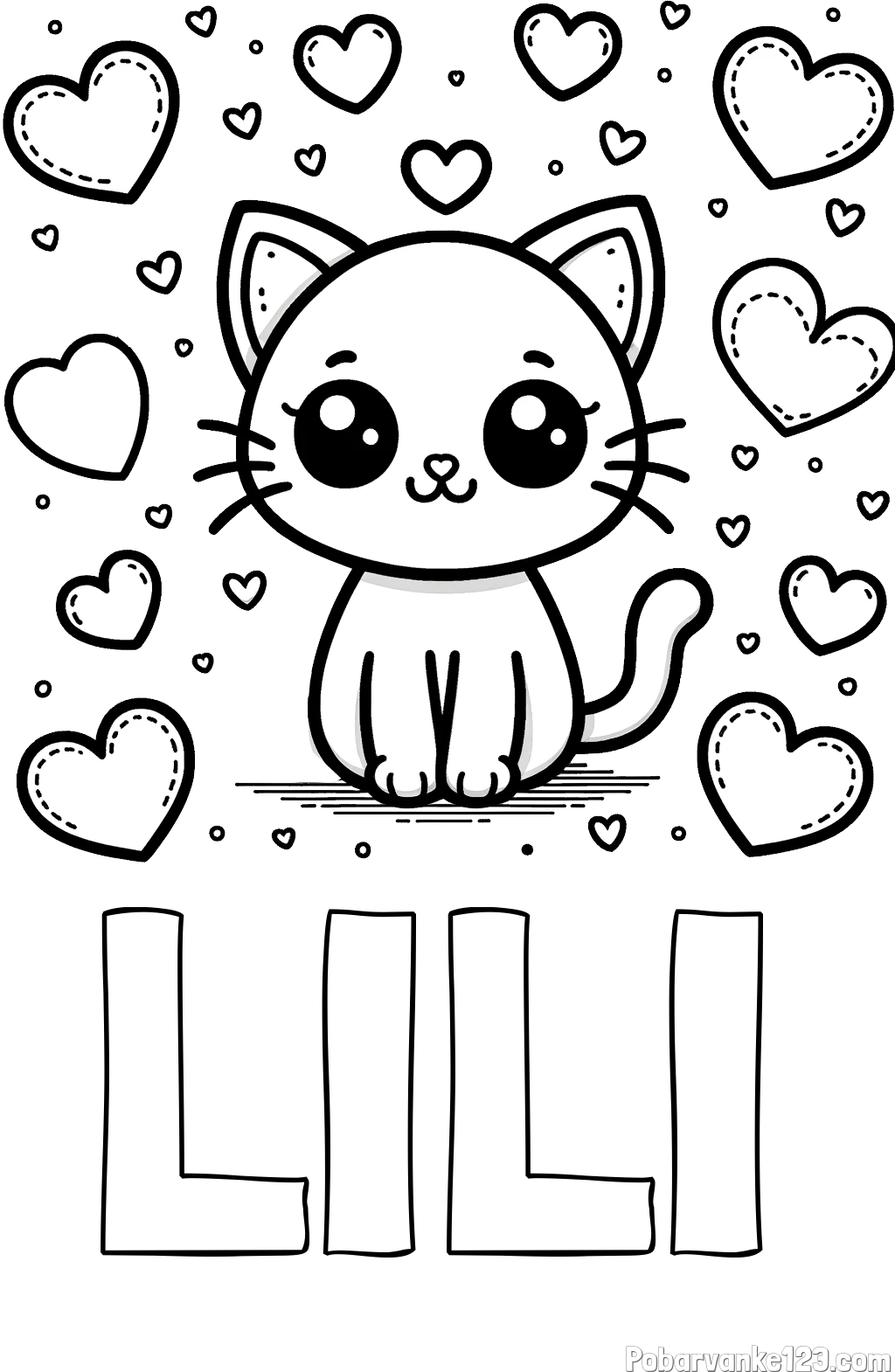 Pobarvanka imena LILI in pobarvanka ljubke mucke obdane z veliko srčki