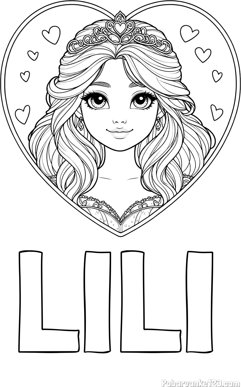 Pobarvanka imena LILI in pobarvanka princeske ter srčkov