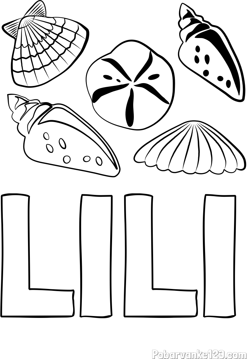 Pobarvanka imena LILI in pobarvanka različnih školjk