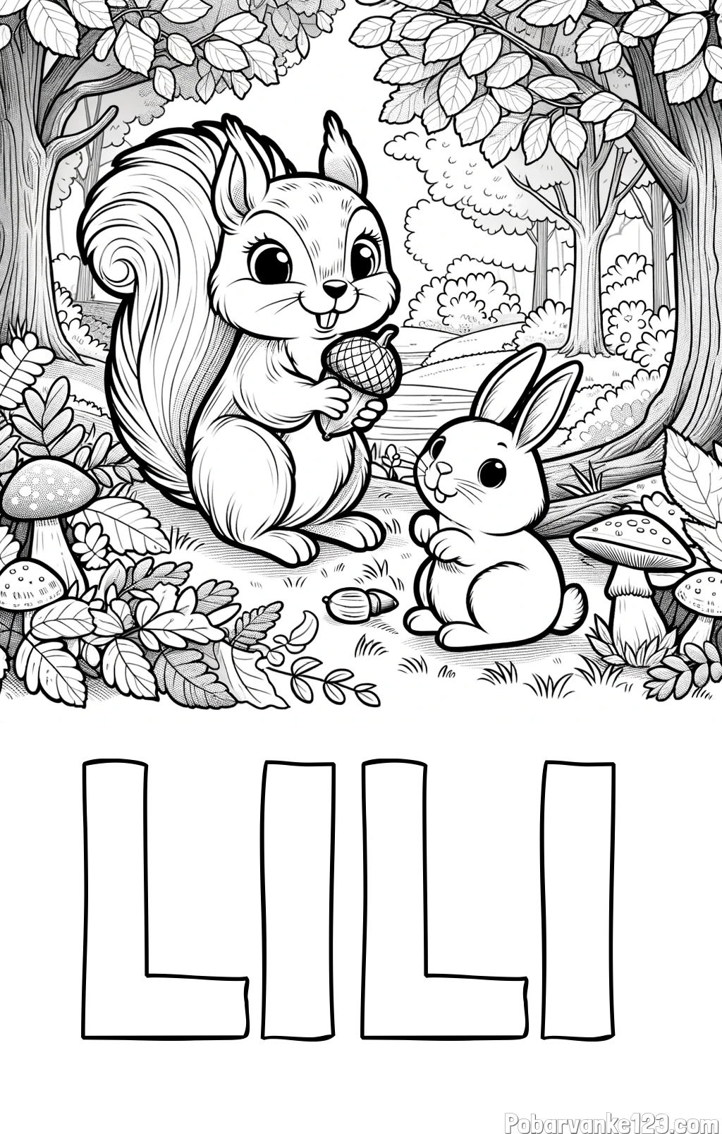 Pobarvanka imena LILI in pobarvanka veveričke in zajčka v gozdu