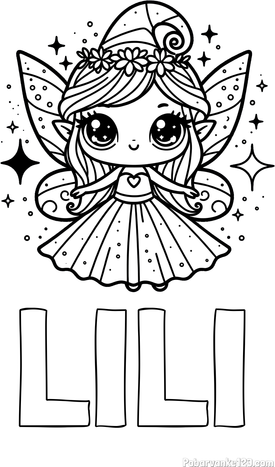 Pobarvanka imena LILI in prikupna čarobna vila