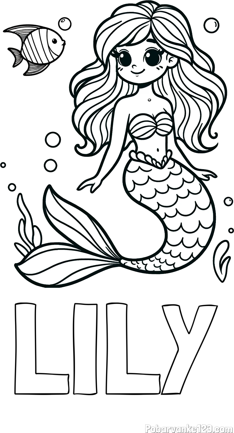 Pobarvanka imena LILY in pobarvanka male morske deklice in ribice