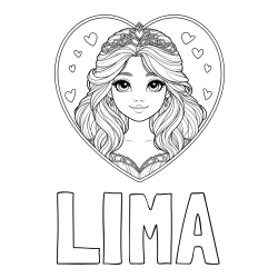 Online izdelana pobarvanka - Pobarvanka imena LIMA in pobarvanka princeske ter srčkov