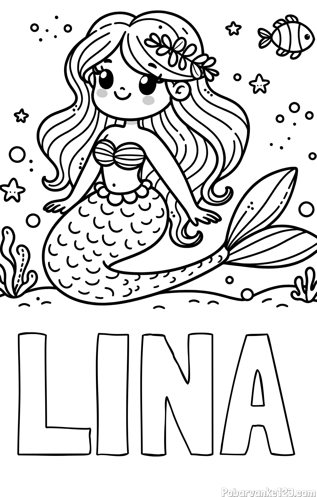 Pobarvanka imena LINA in pobarvanka ljubke morske deklice v morju