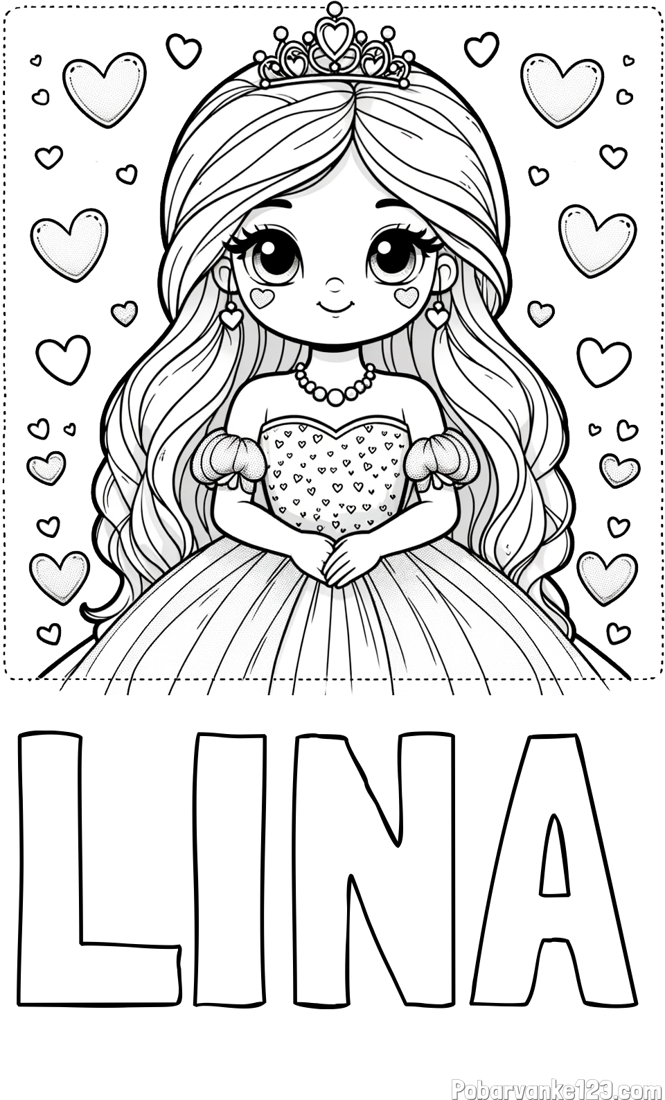 Pobarvanka imena LINA in pobarvanka ljubke princese obdane s srčki