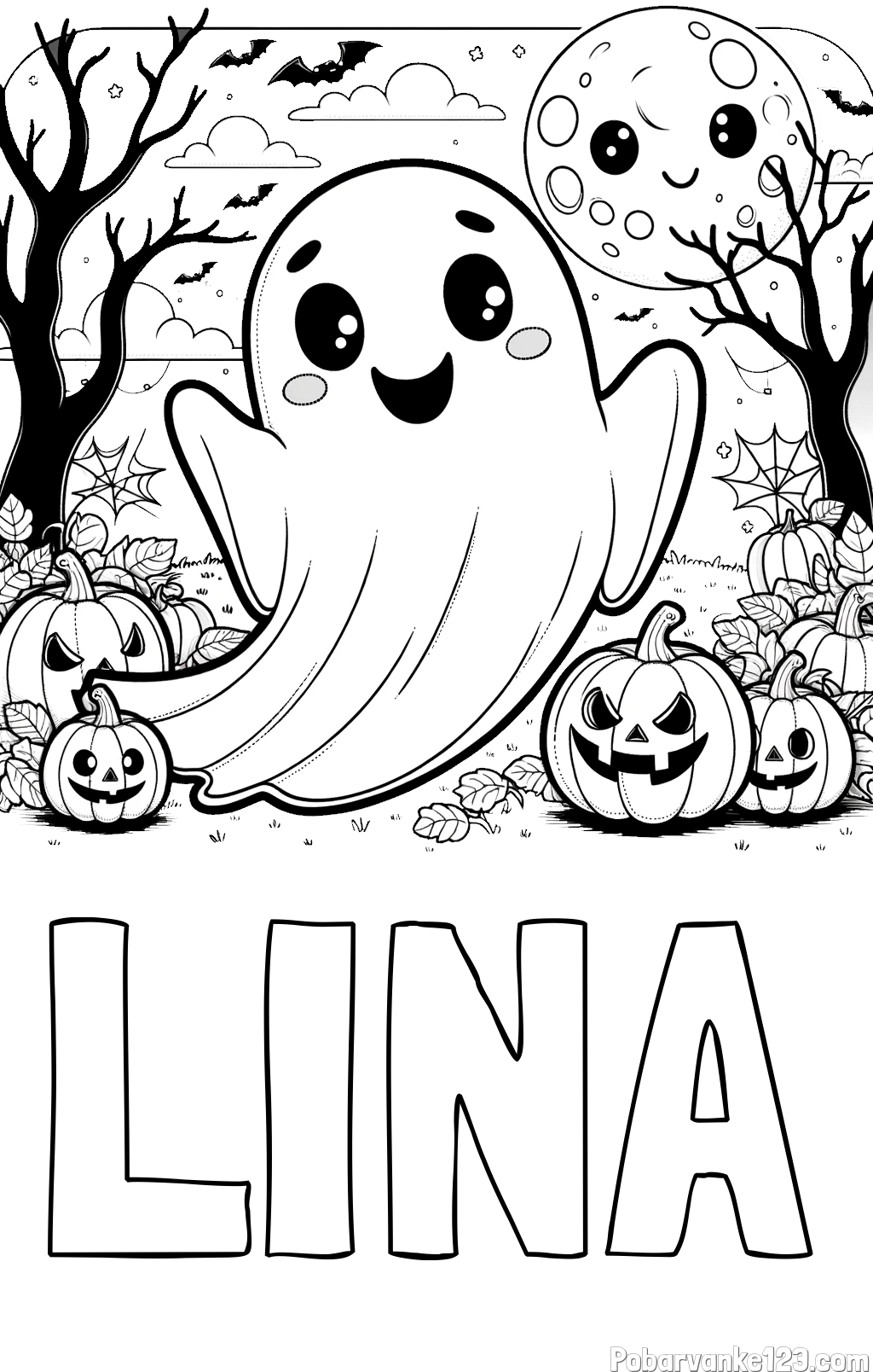 Pobarvanka imena LINA in pobarvanka ljubkega duhca in buč za noč čarovnic