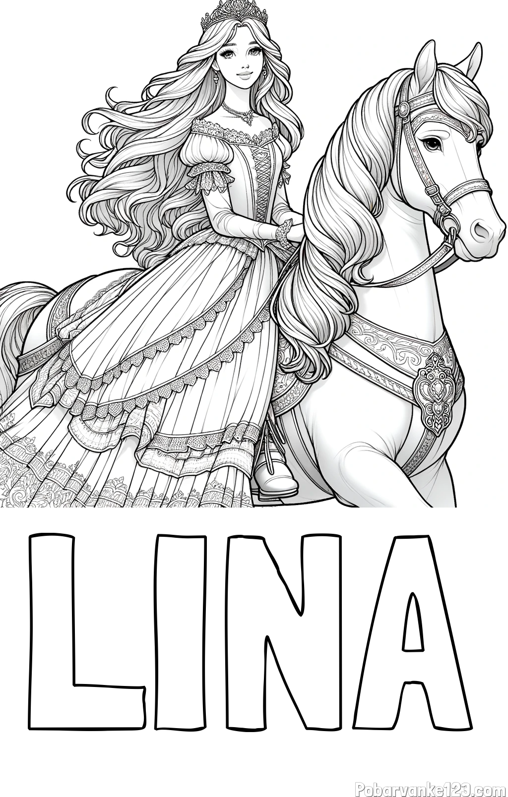 Pobarvanka imena LINA in pobarvanka nasmejana princese na konju
