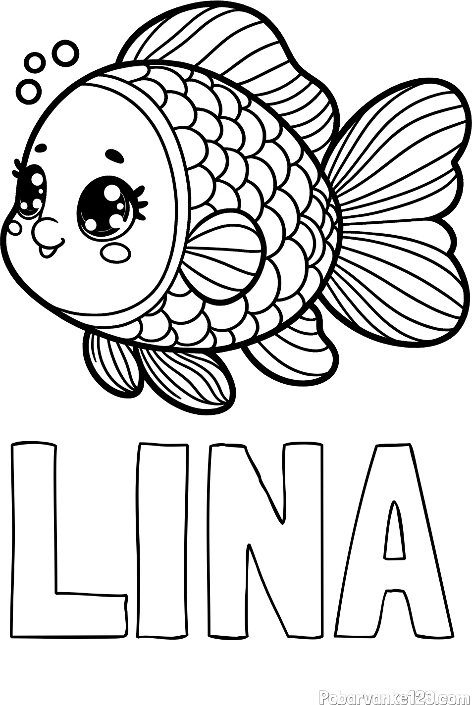Pobarvanka imena LINA in pobarvanka ribe z bujnimi plavutmi