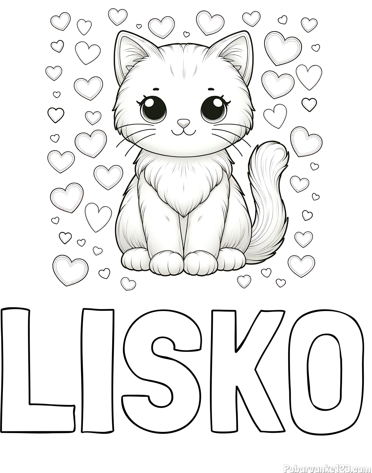Pobarvanka imena LISKO in pobarvanka ljubke mucke obdane s srčki