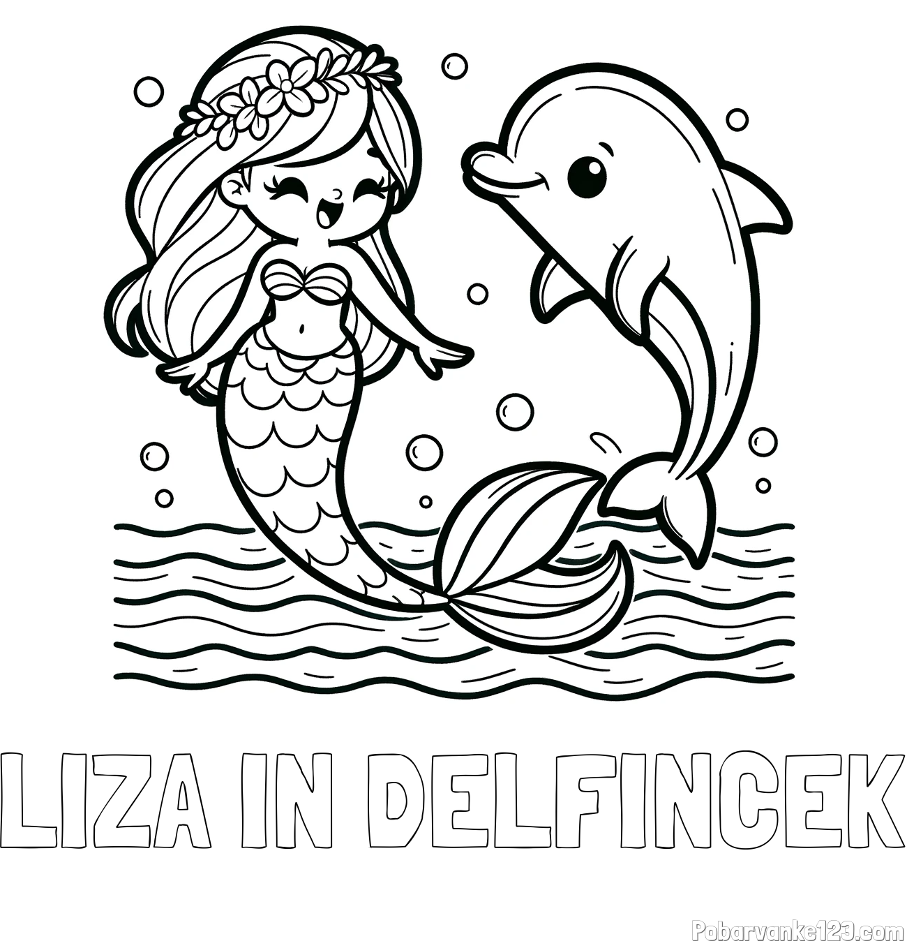 Pobarvanka imena LIZA IN DELFINČEK in pobarvanka ljubke morske deklice, ki pleše z delfinom