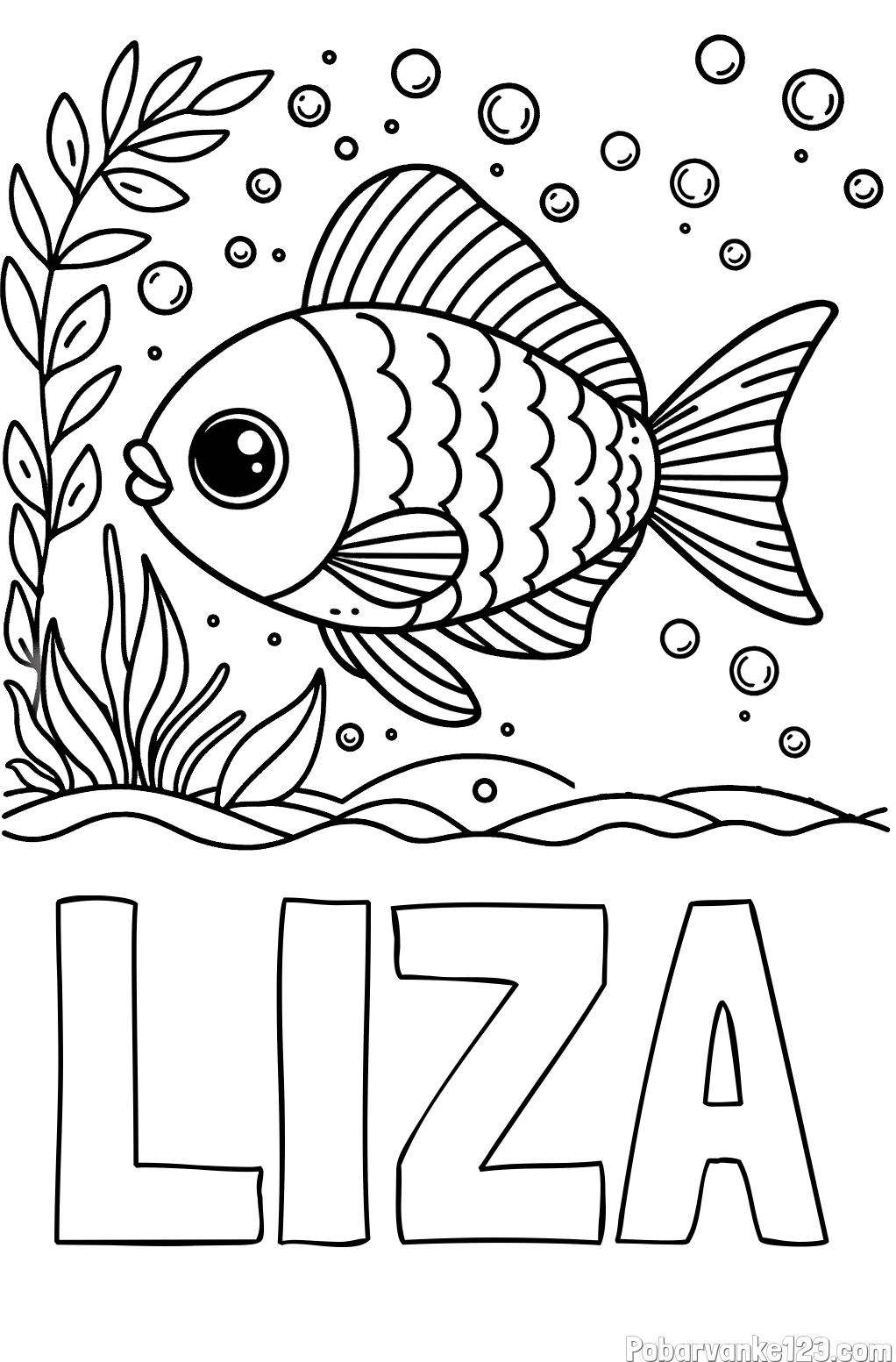 Pobarvanka imena LIZA in otroška pobarvanka ljubke ribe