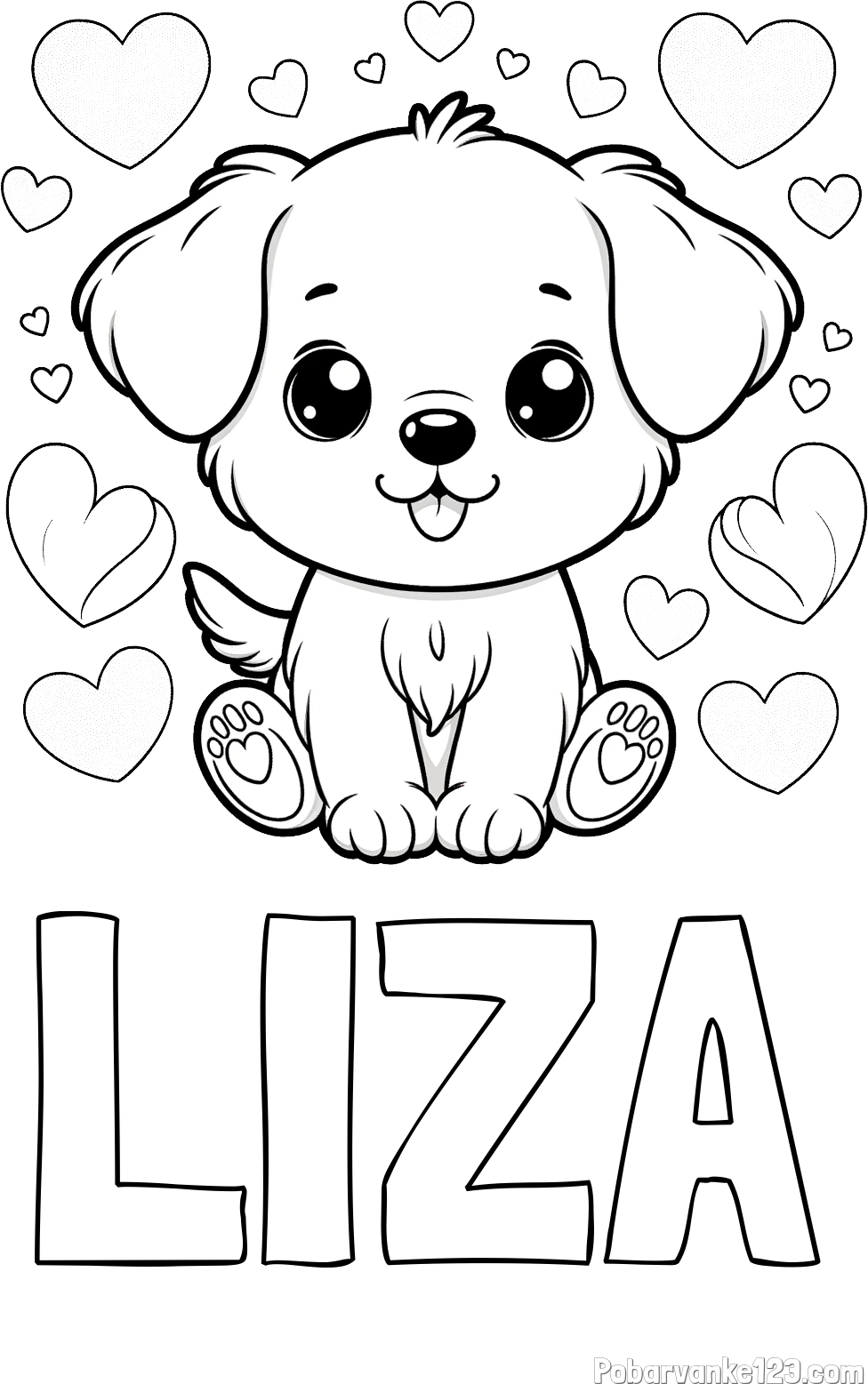 Pobarvanka imena LIZA in pobarvanka ljubkega kužka obdanega s srčki