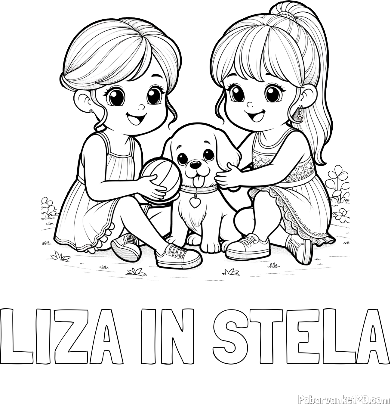 Pobarvanka imena LIZA IN STELA in pobarvanka prijateljic s kužkom