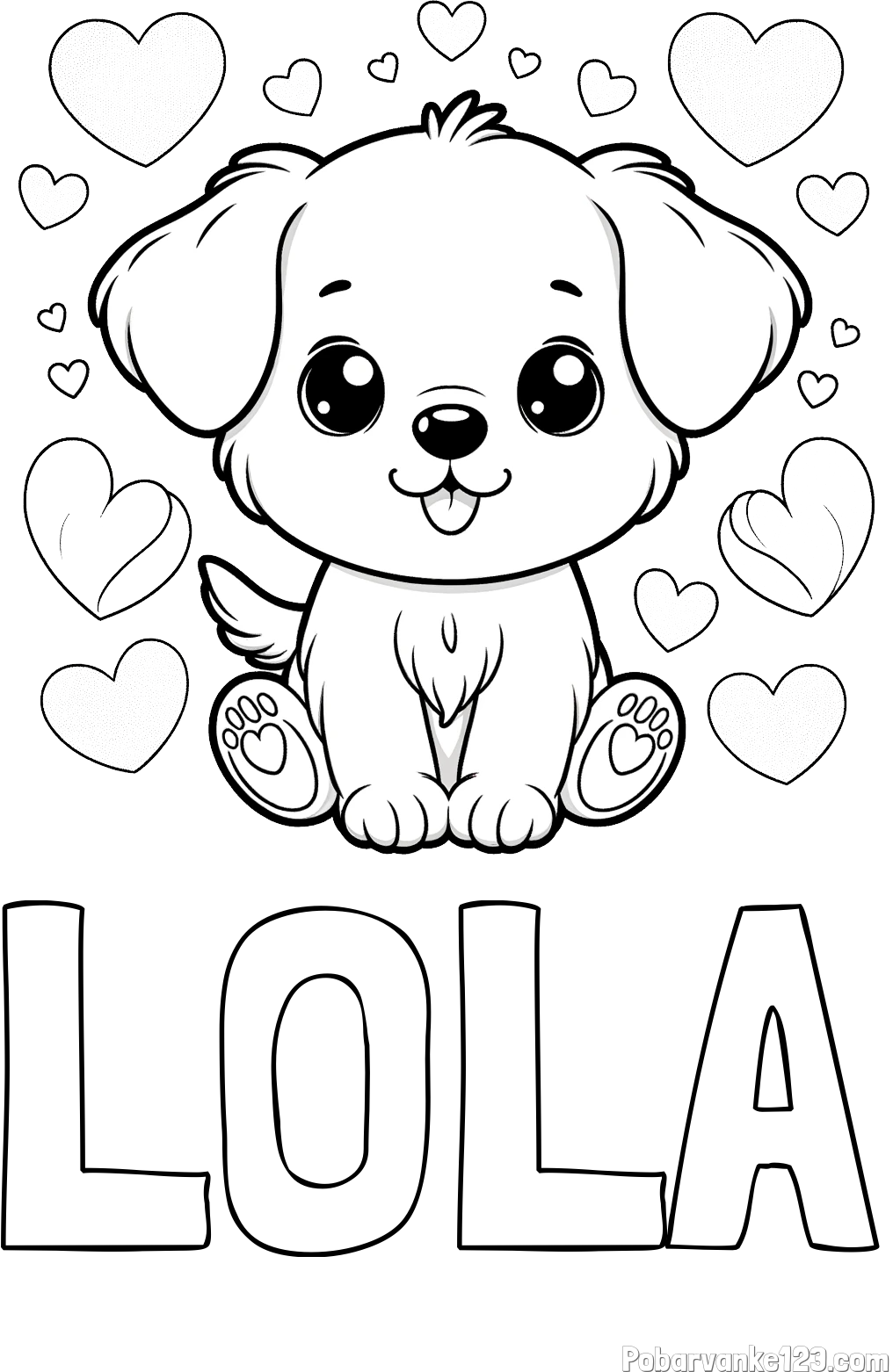 Pobarvanka imena LOLA in pobarvanka ljubkega kužka obdanega s srčki