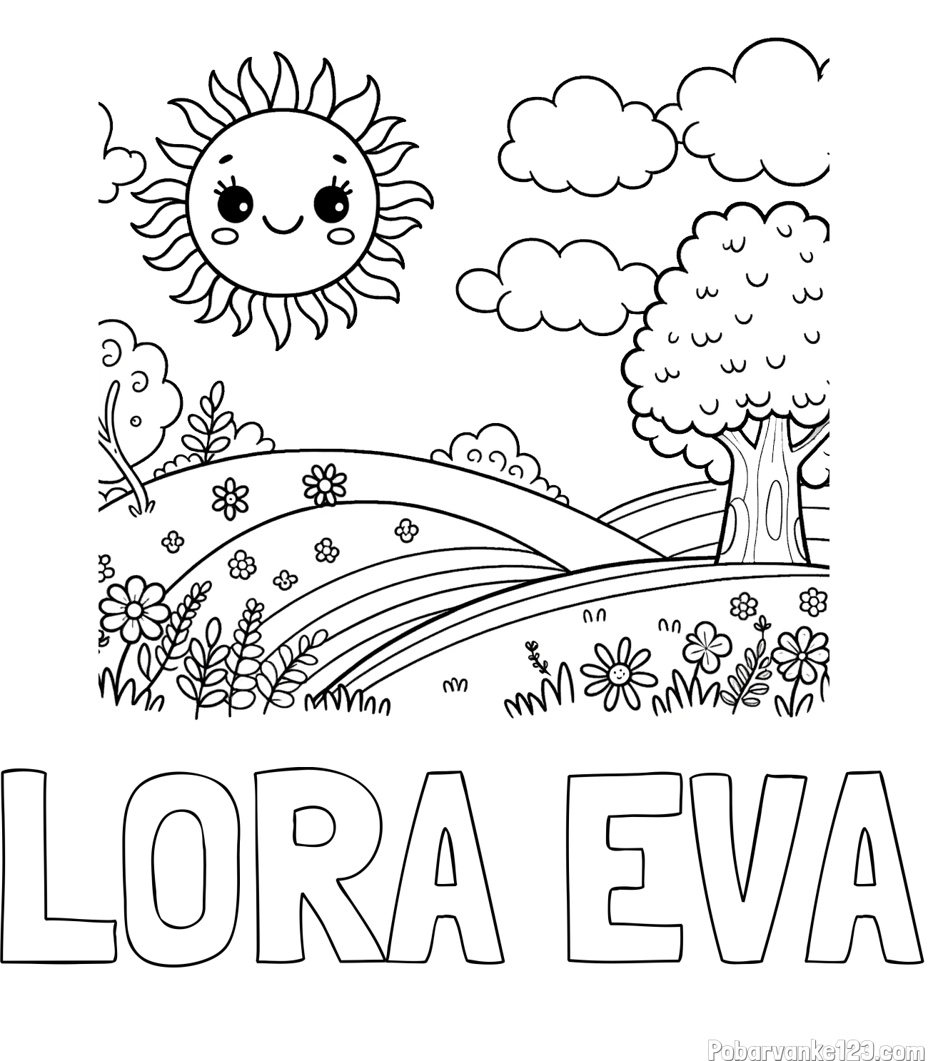 Pobarvanka imena LORA EVA in otroška pobarvanka narave