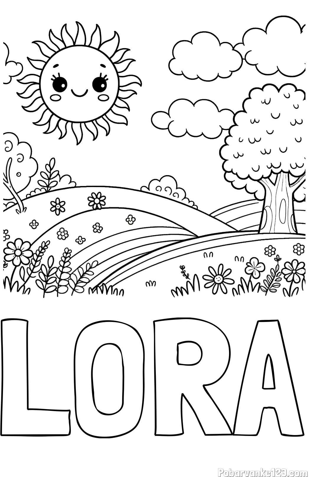 Pobarvanka imena LORA in otroška pobarvanka narave