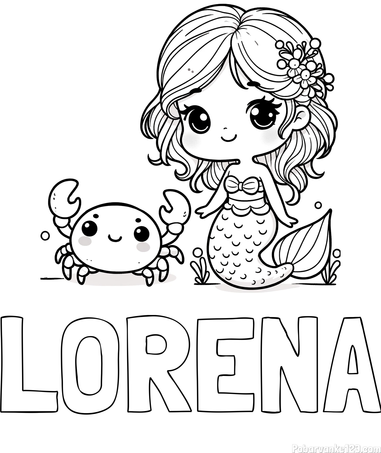 Pobarvanka imena LORENA in pobarvanka ljubke morske deklice in veselega raka