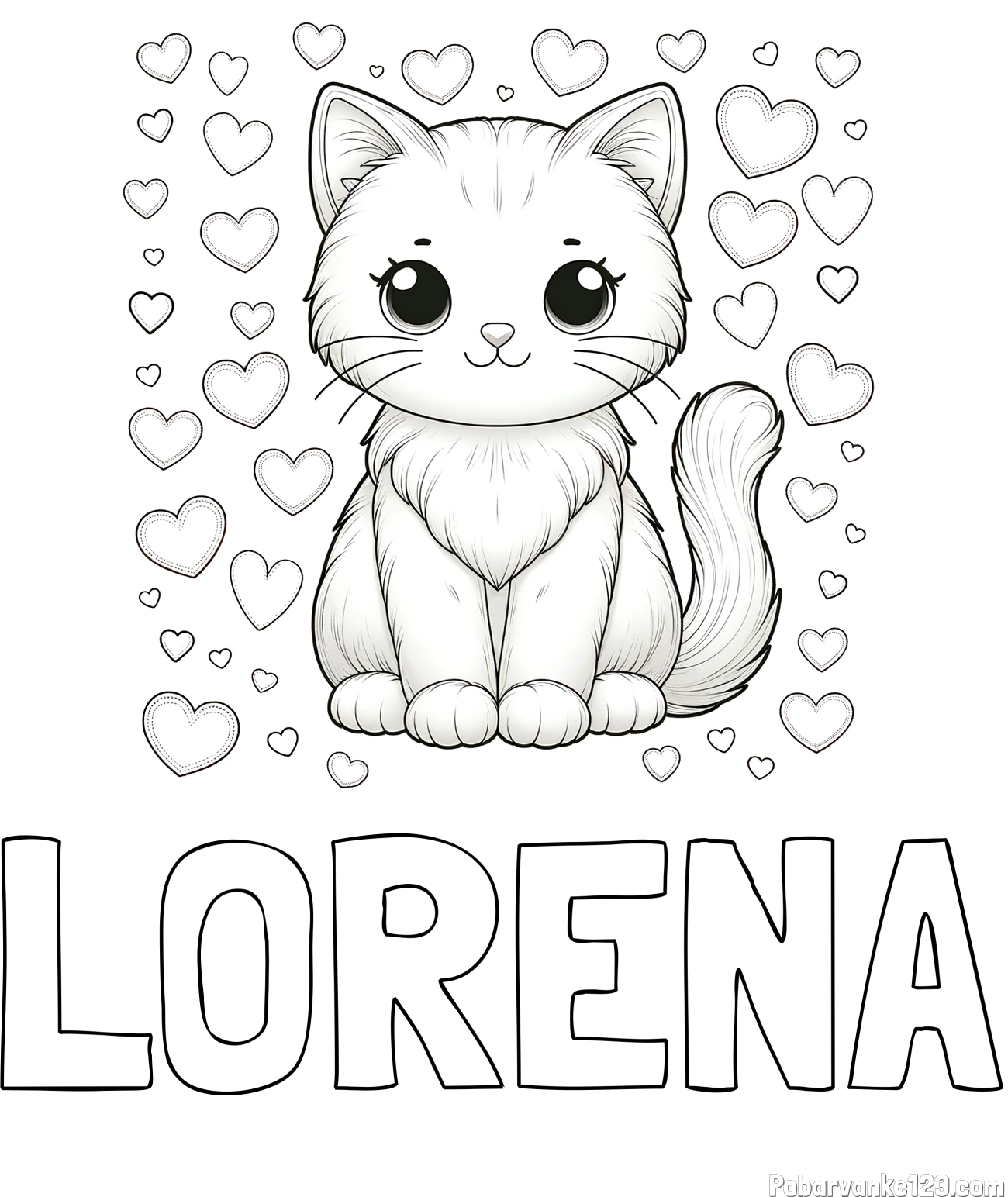 Pobarvanka imena LORENA in pobarvanka ljubke mucke obdane s srčki