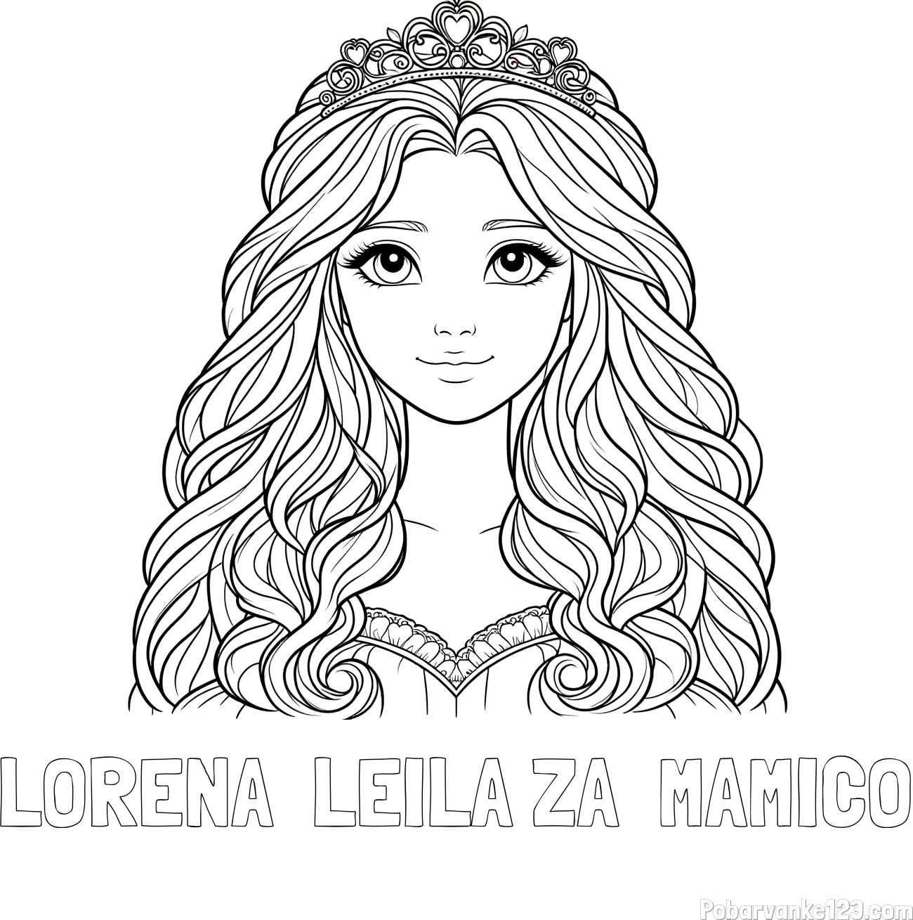 Pobarvanka imena LORENA  LEILA ZA  MAMICO in pobarvanka ljubke princese z bujnimi lasmi