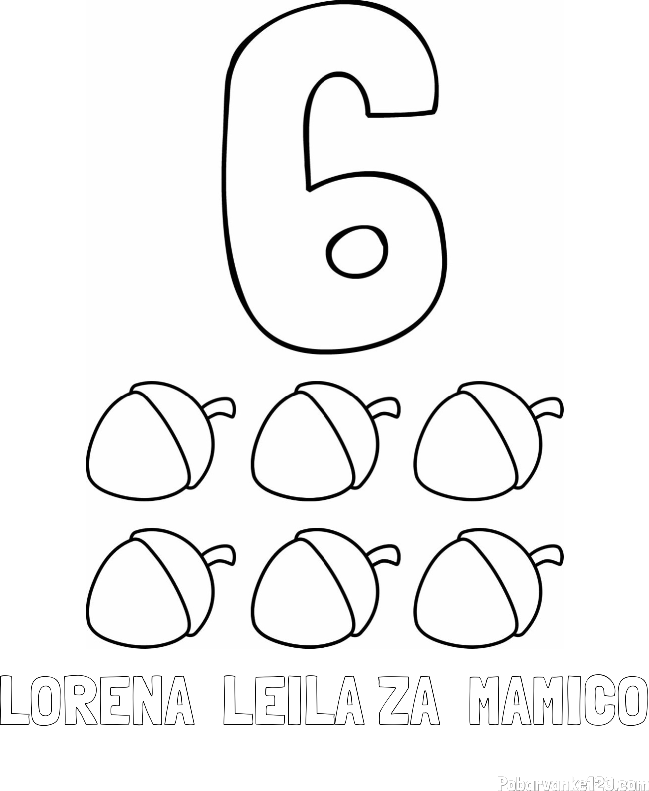 Pobarvanka imena LORENA  LEILA ZA  MAMICO in pobarvanka števila 6 s slikovnim prikazom