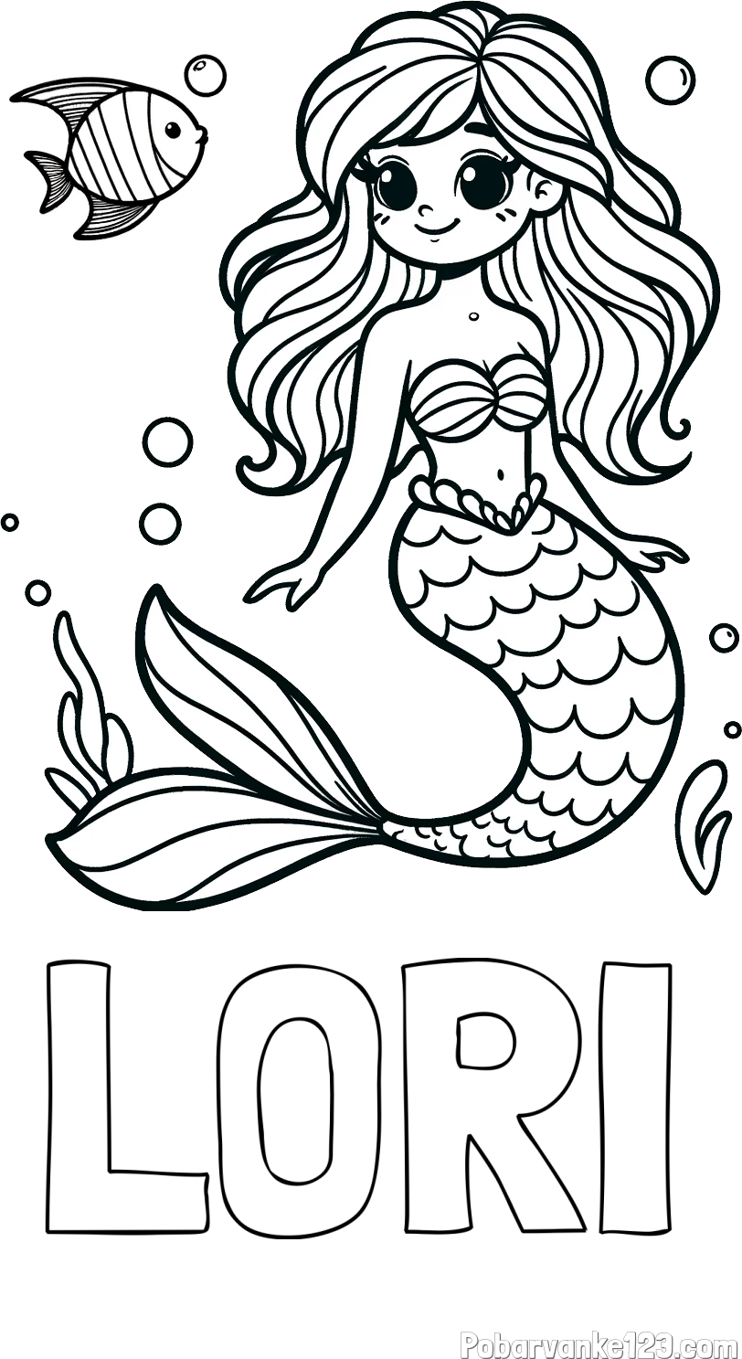 Pobarvanka imena LORI in pobarvanka male morske deklice in ribice