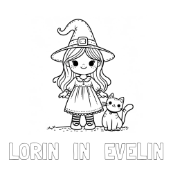 Online izdelana pobarvanka - Pobarvanka imena LORIN   IN   EVELIN in Čudovita pobarvanka ljubke čarovnice in nasmejane mačke