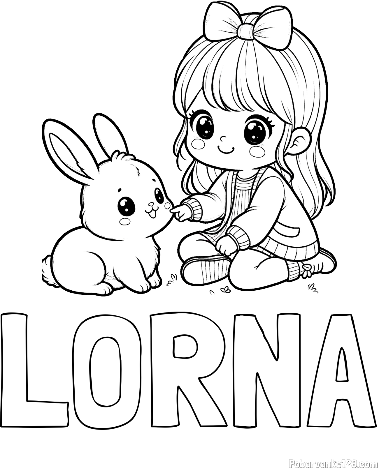 Pobarvanka imena LORNA in pobarvanka ljubke punčke, ki se igra z zajčkom