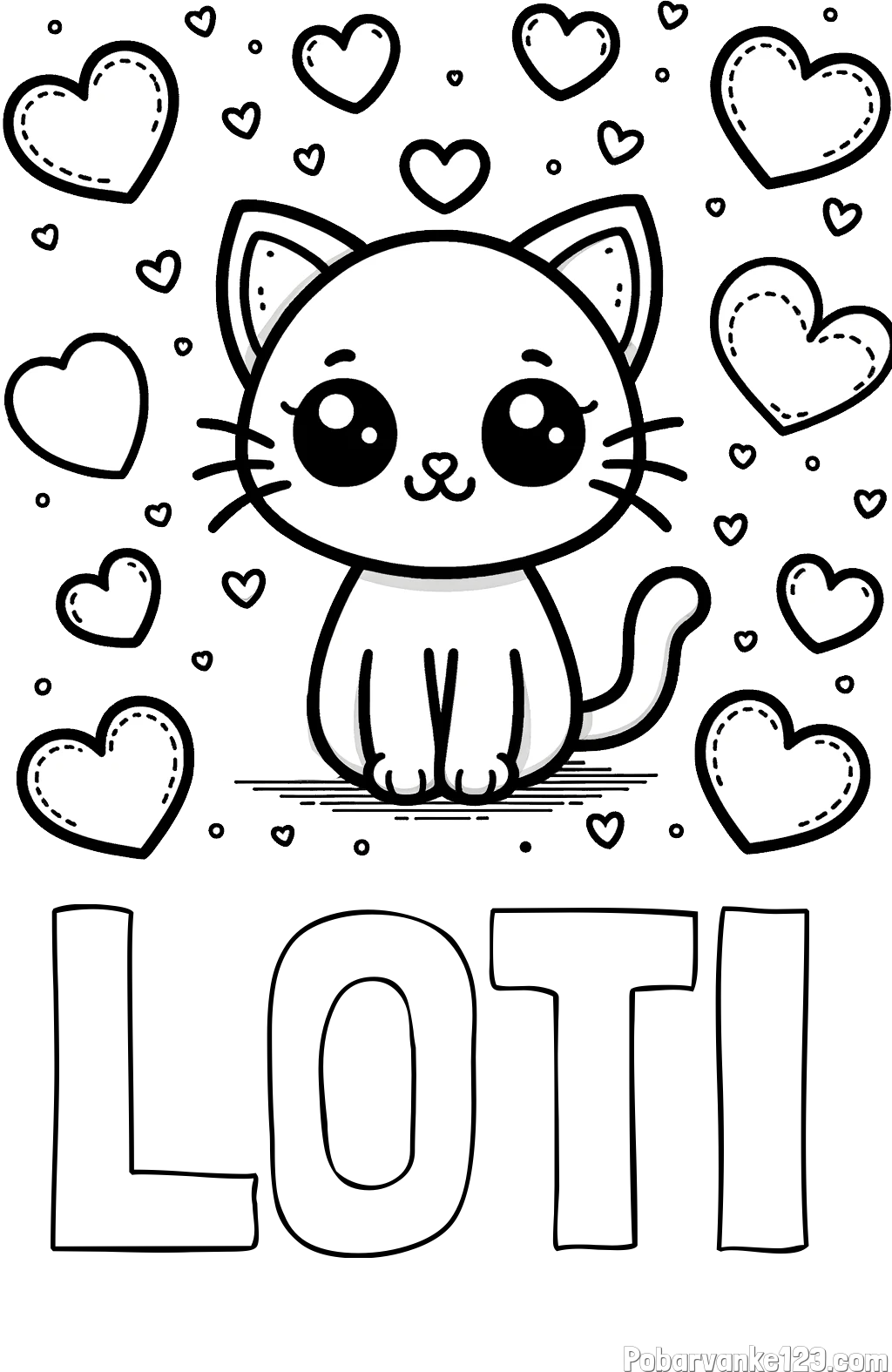 Pobarvanka imena LOTI in pobarvanka ljubke mucke obdane z veliko srčki