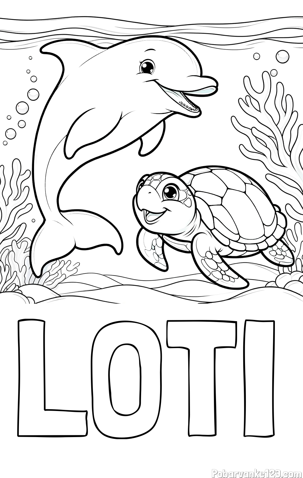 Pobarvanka imena LOTI in pobarvanka ljubkega delfina z želvo v morju