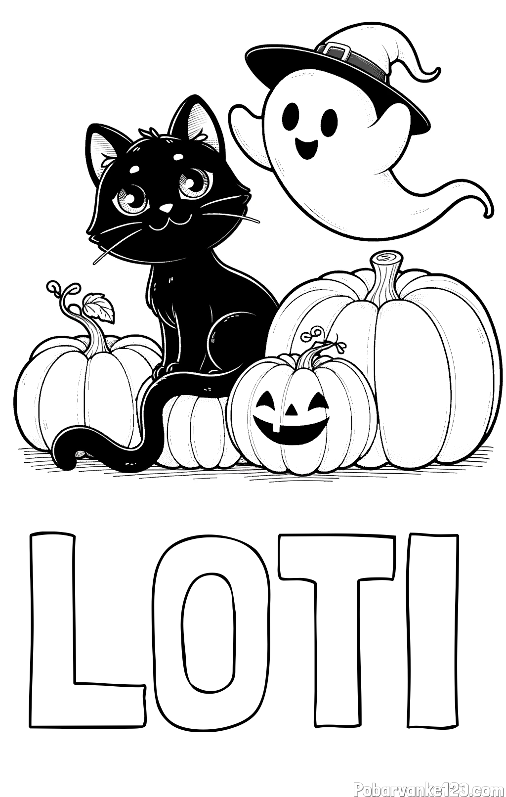 Pobarvanka imena LOTI in pobarvanka prijaznega duhca, črne mačke ter buč za noč čarovnic