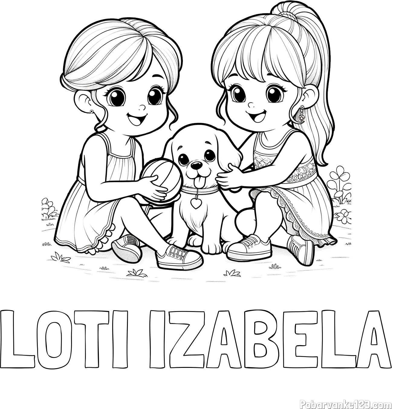 Pobarvanka imena LOTI IZABELA in pobarvanka prijateljic s kužkom