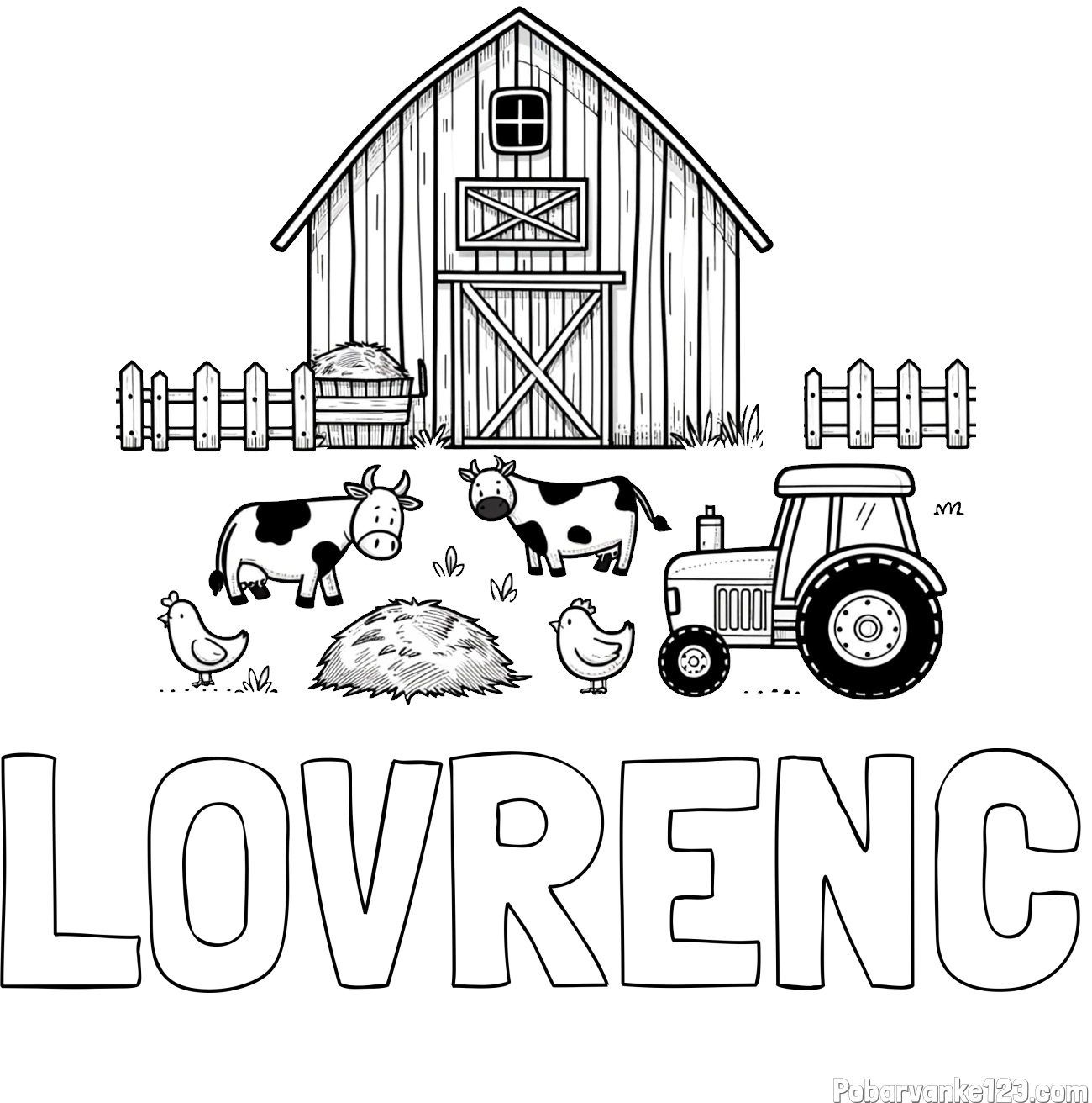 Pobarvanka imena LOVRENC in otroška pobarvanka velikega senika, krav in traktorja