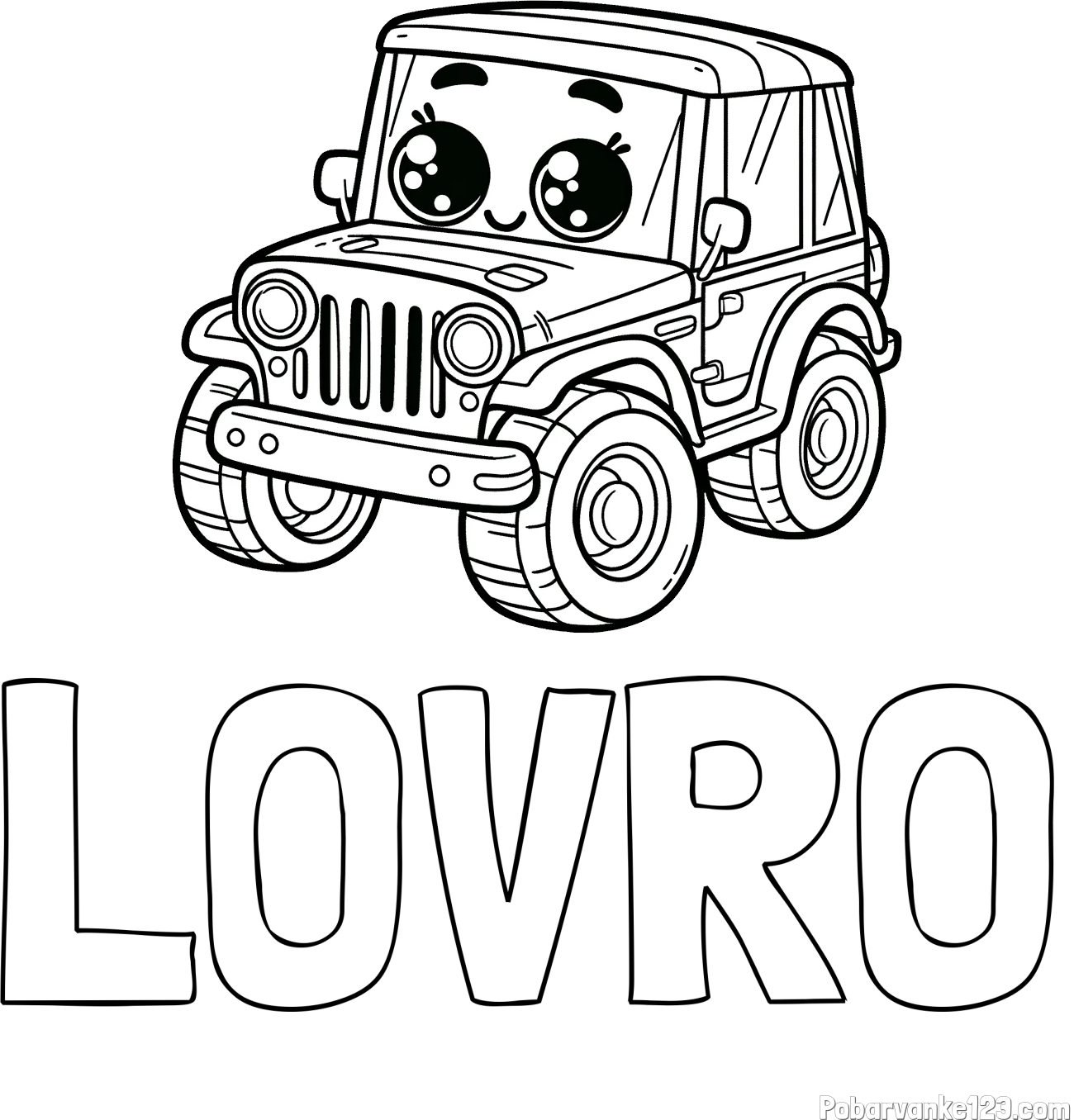 Pobarvanka imena LOVRO in otroška pobarvanka nasmejanega jeep-a