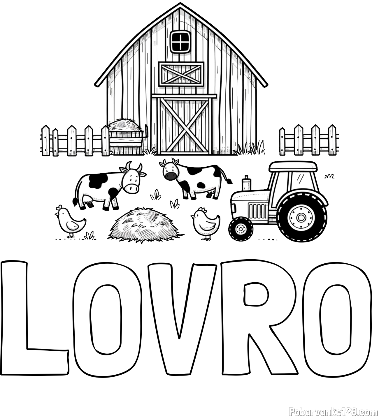 Pobarvanka imena LOVRO in otroška pobarvanka velikega senika, krav in traktorja