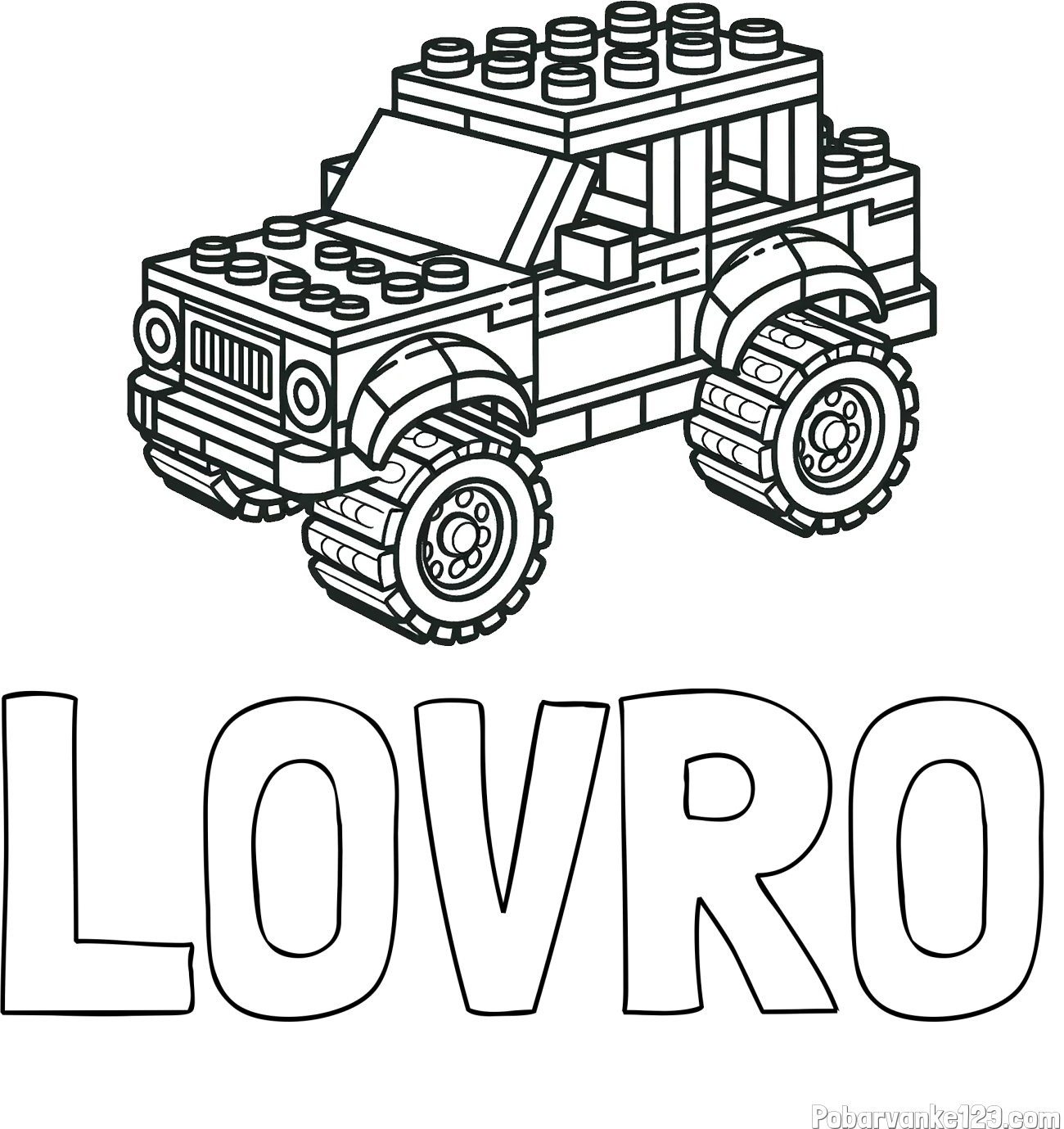 Pobarvanka imena LOVRO in pobarvanka džipa sestavljenega iz LEGO kock